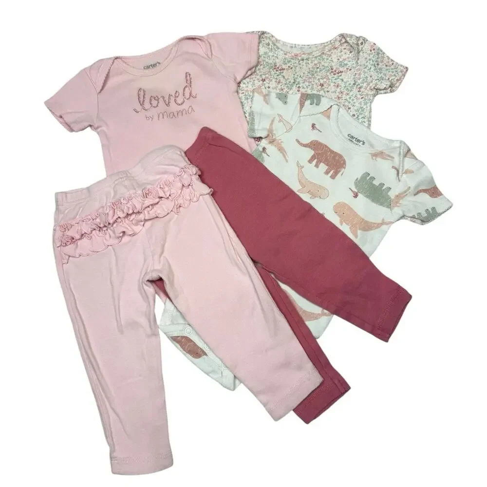 Carter's Bodysuit Matching Outfit Bundle Baby Girl Flowers Pink 6-9 Months